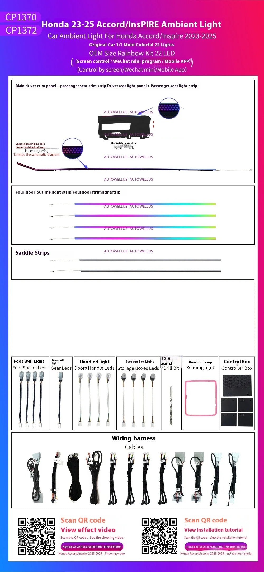Automotive Inter LED Ambient Light for Honda Accord 11th Gen 2023-2025 64 color dynamic Atmosphere door Panel Light APP control