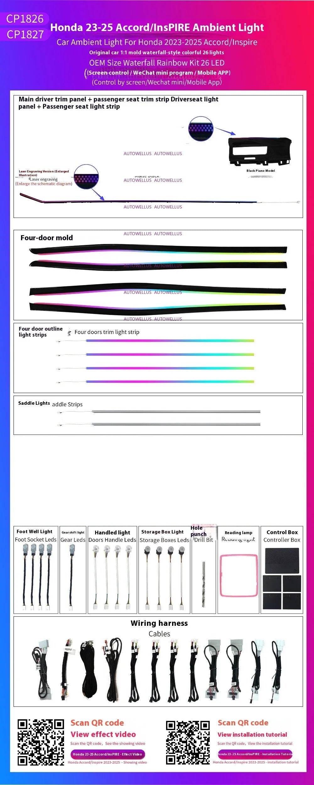 Automotive Inter LED Ambient Light for Honda Accord 11th Gen 2023-2025 64 color dynamic Atmosphere door Panel Light APP control