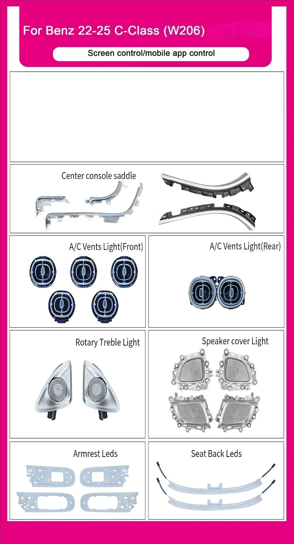 64 Color Dynamic Car Ambient Light for Mercedes-Benz C-Class W206 Turbo Vent Door Speaker Accessories Interior Decoration