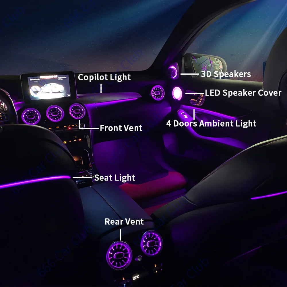 3/12/64 Colour Car LED Ambient Light For Mercedes-Benz C GLC Class Coupe W205 C43 C63 X253 LED Air Vent Speaker Decorative Lamp