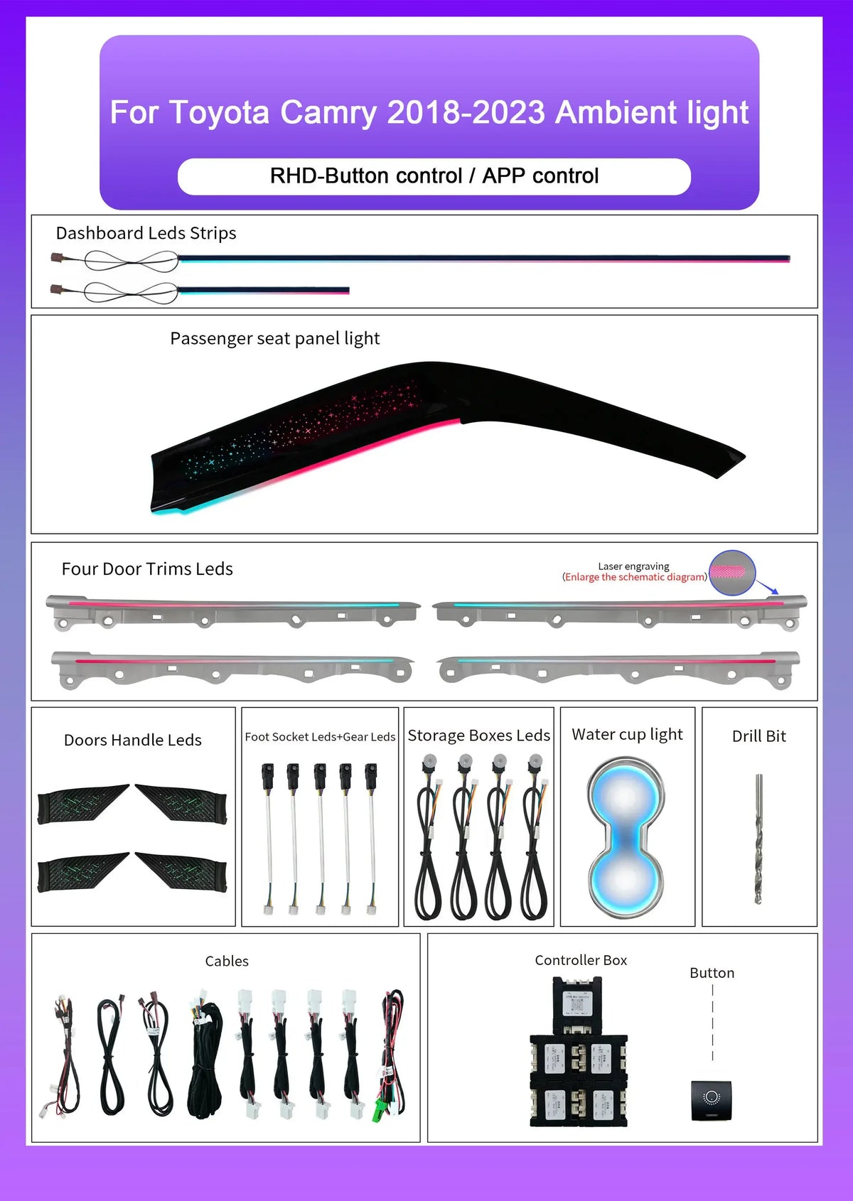 Auto Interior Light RHD Kit 64-color LED Car Ambient Light Trim Accessory Specifically for Toyota Camry 2018-2023 RHD Models