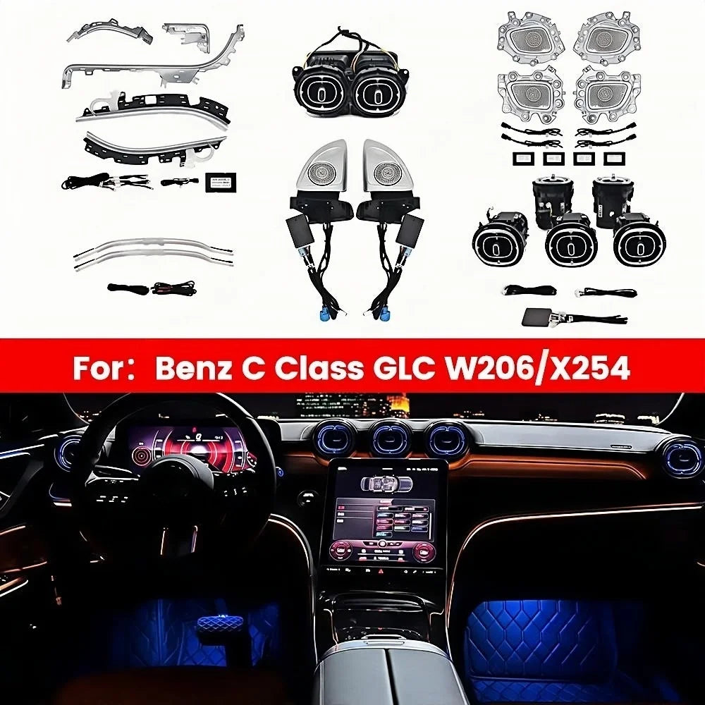 For Benz C-Class W206 2022 Car 64 Colors Led Dashboard Door Atmosphere Lamp Air Vent Outlet Nozzle Tweeter Ambient Light