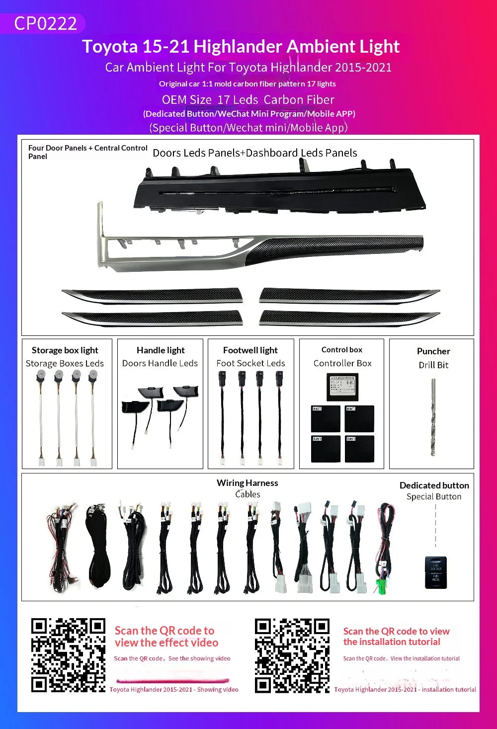Upgrade 64-color Car Interior Ambient Lighting Kit for Toyota Highlander 2015-2021 Symphony Auto LED Lignts Trim Accessories