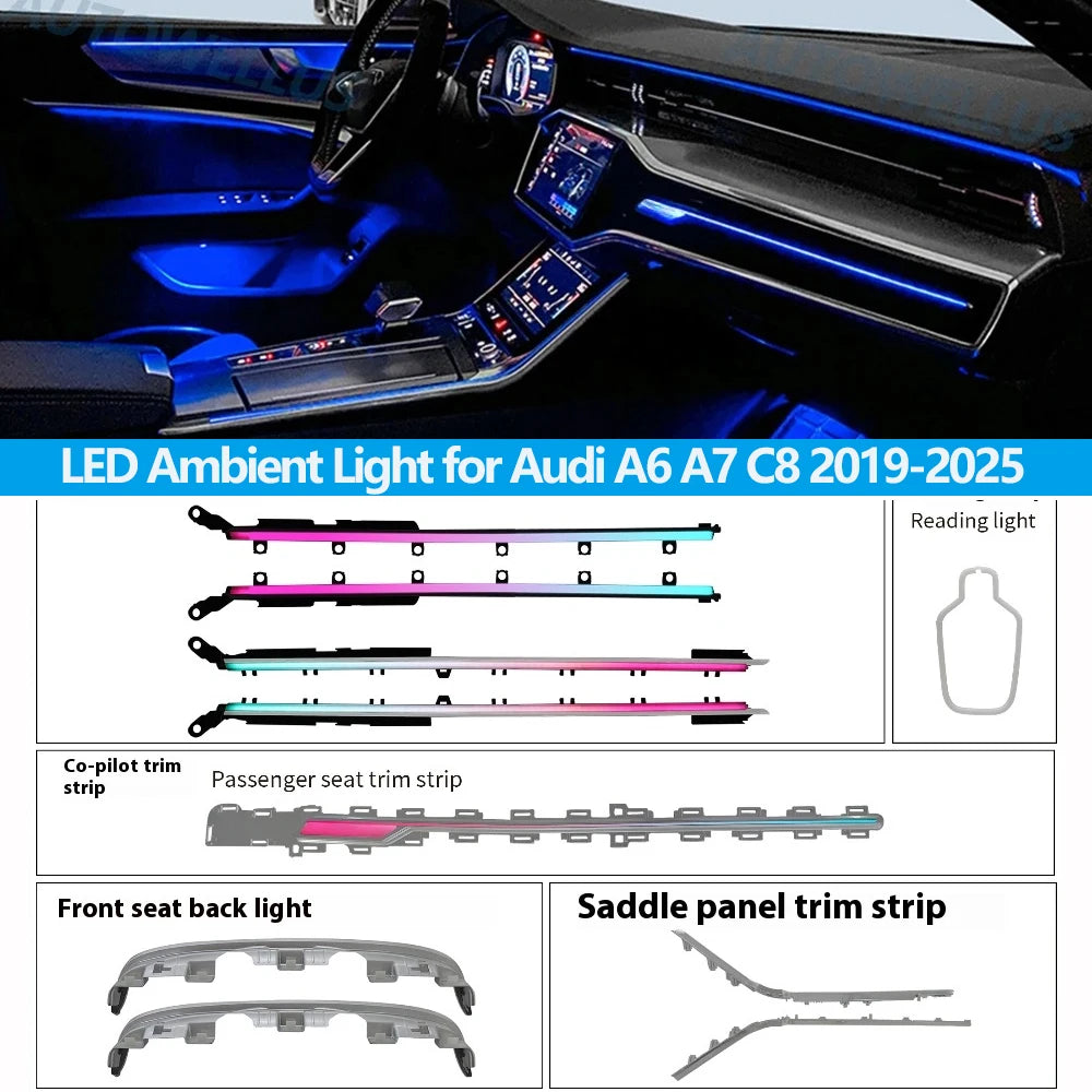 LED Ambient Light for Audi A6 A7 C8 2019-2025 Short-wheelbase 64 color dynamic Atmosphere door Lights Screen/Steering wheel