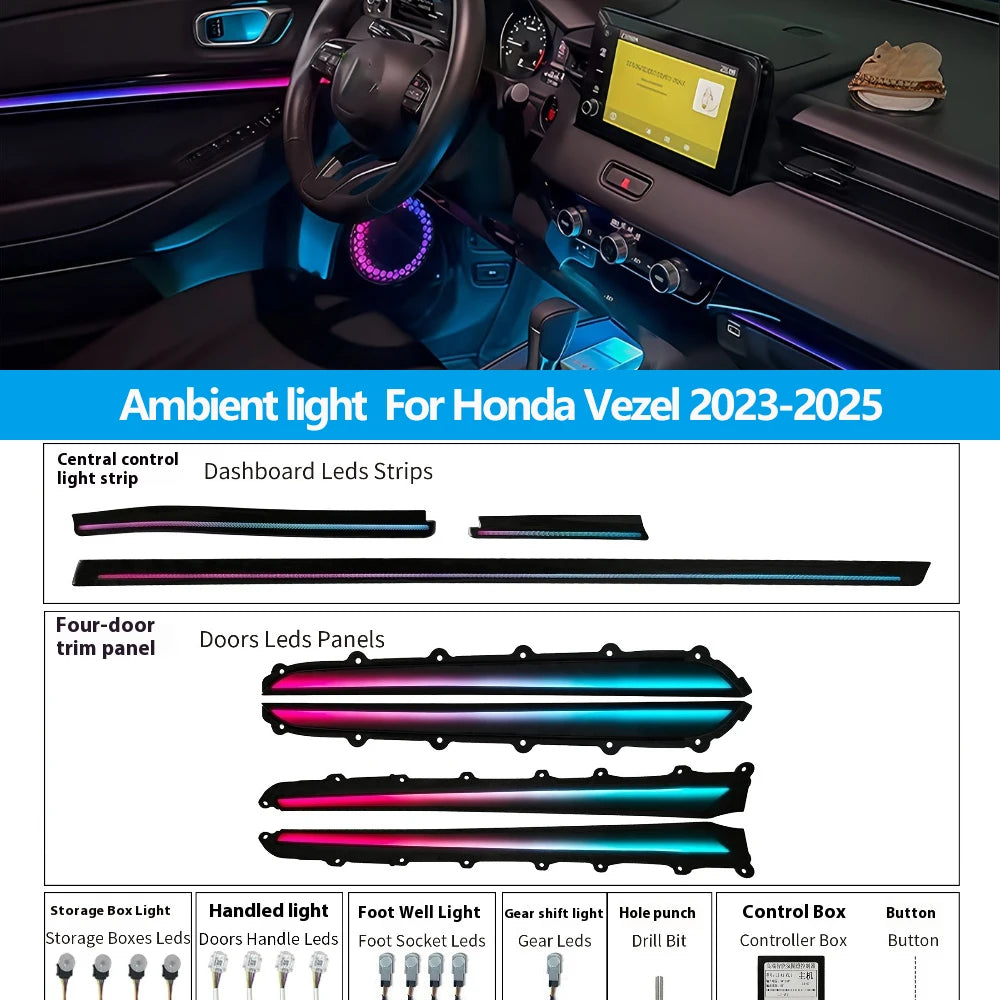 Automotive Inter LED Ambient Light For Honda Vezel 2023-2025 64 color dynamic Atmosphere door Panel Lights Button APP control