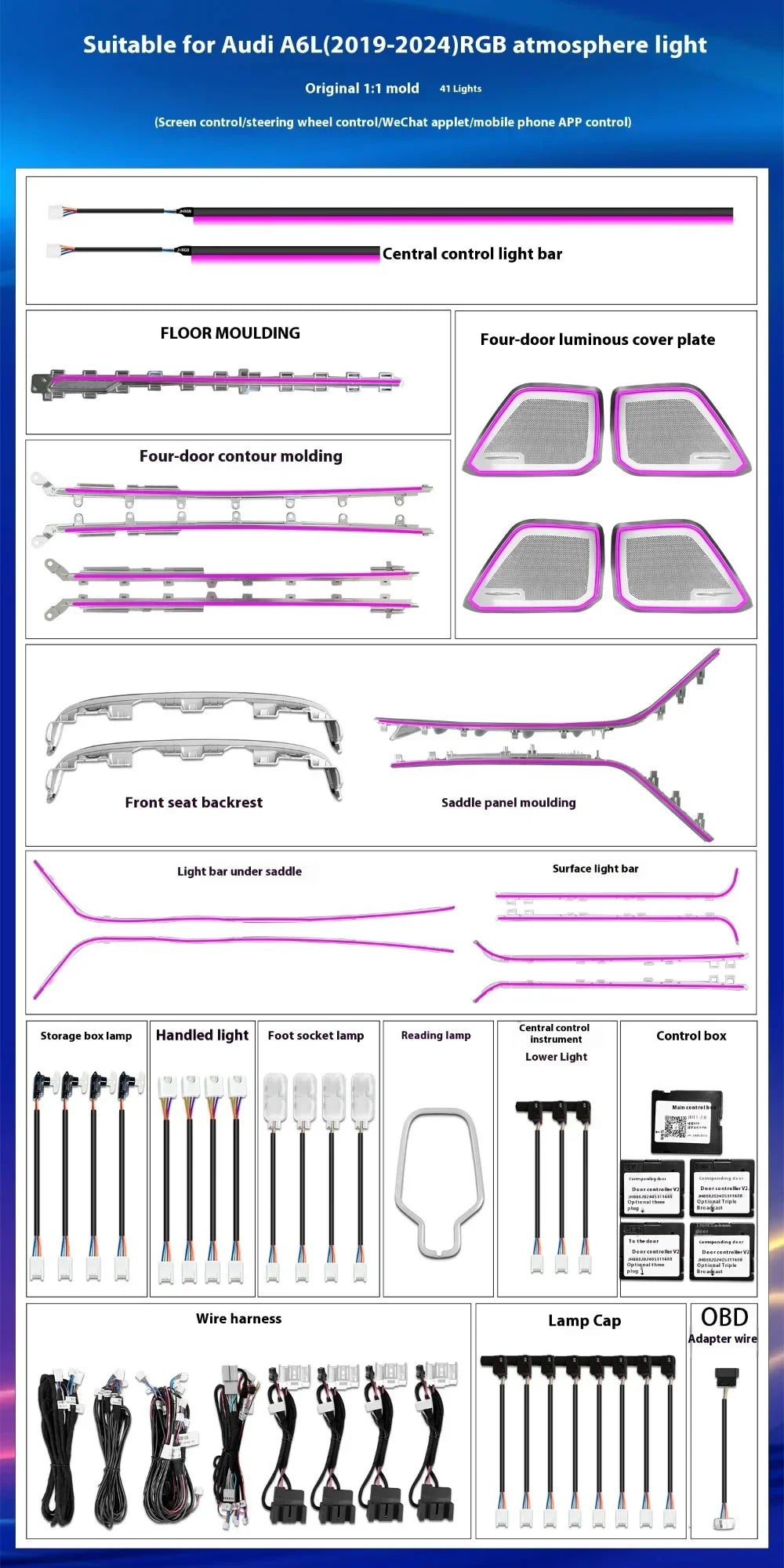 Auto AccessariesFront Dashboard Strip Led Car Interior Ambient Light Decoratefor Audi A6 A7 C8 2019-2025 Atmosphere Strip Access