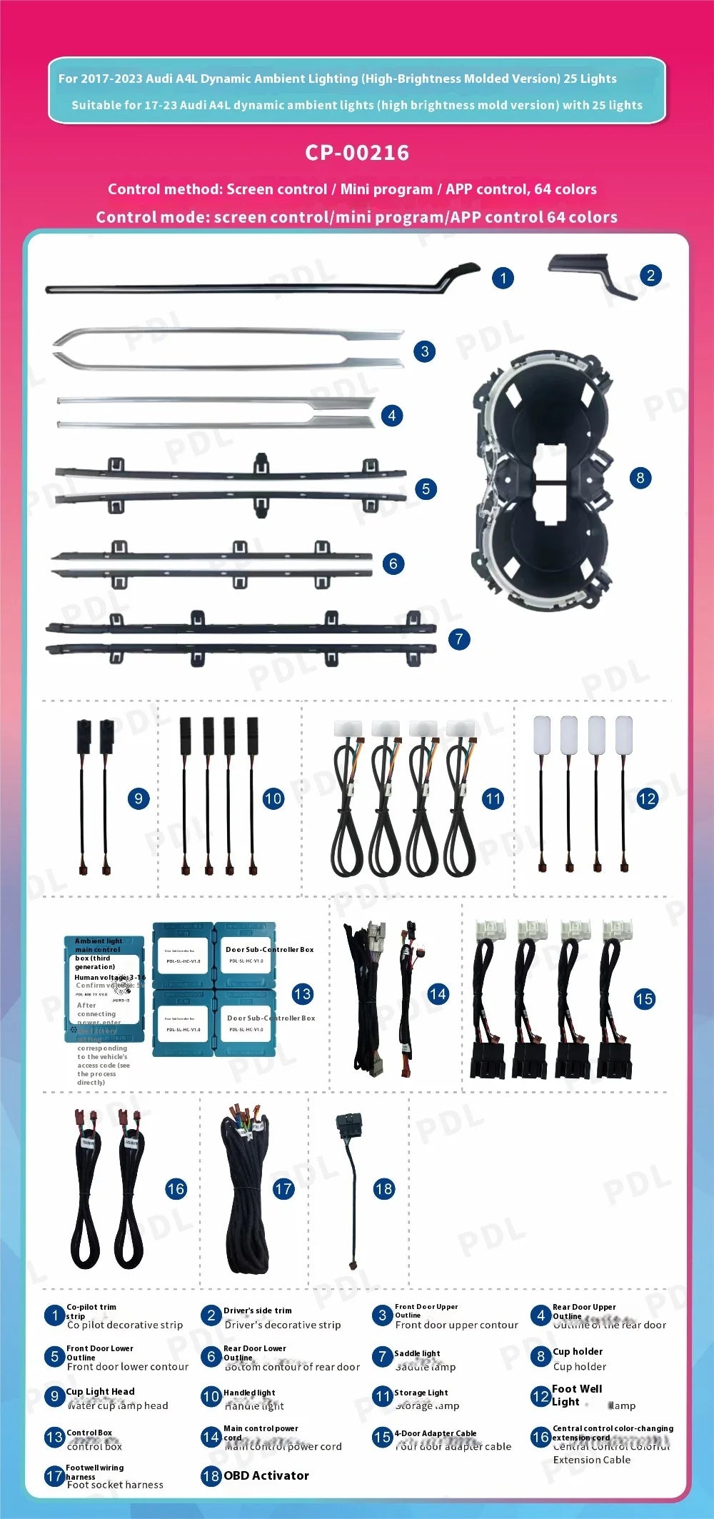 Automotive Inter LED Ambient Light For Audi A5 A5L S5 2017-2025 Galaxy Star dynamic Atmosphere door Panel Lights APP control