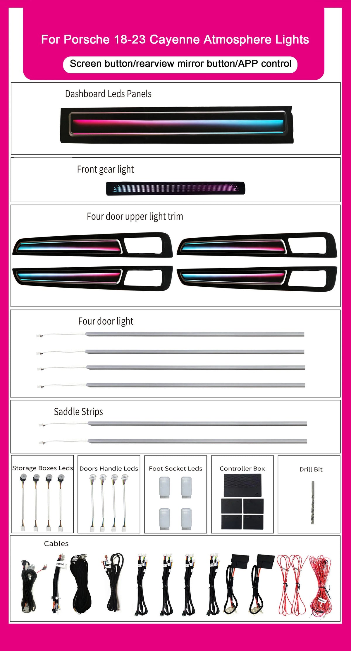 Multicolored APP Control Luxurious Ambient Light For Porsche Cayenne 2018-2023 Interior Decoration Dynamic Car Led Light Kit