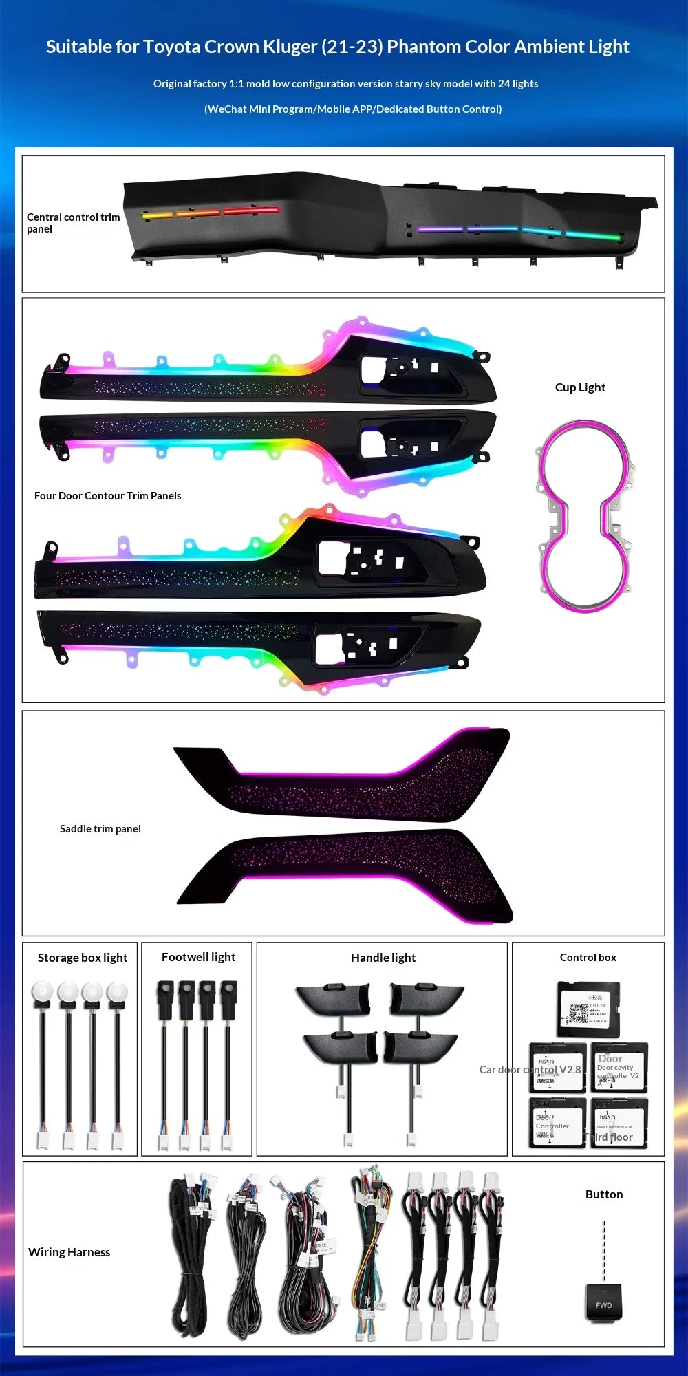 Car Interior LED Accessories For Toyota Highlander/Kluger XU70 2022-2024 64-color Starry Sky Saddle Symphony Ambient Light