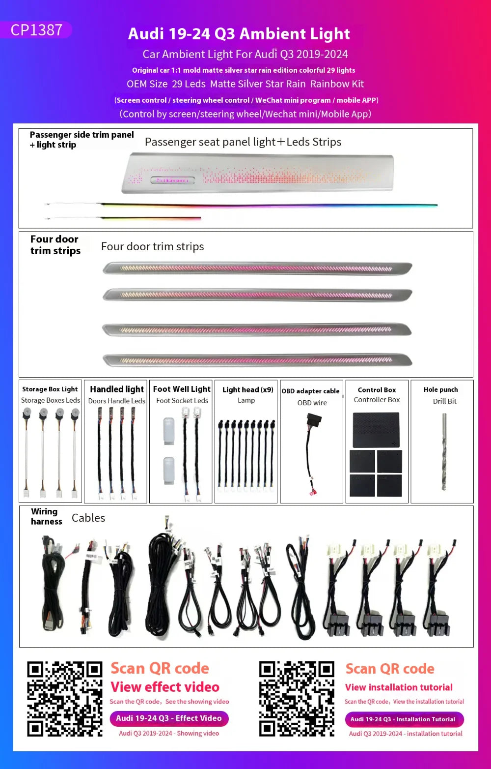 Automotive Inter LED Ambient Light For Audi Q3 2019-2024 OEM 29 Leds Matte Silver Star River Rainbow Kit Screen  APP control