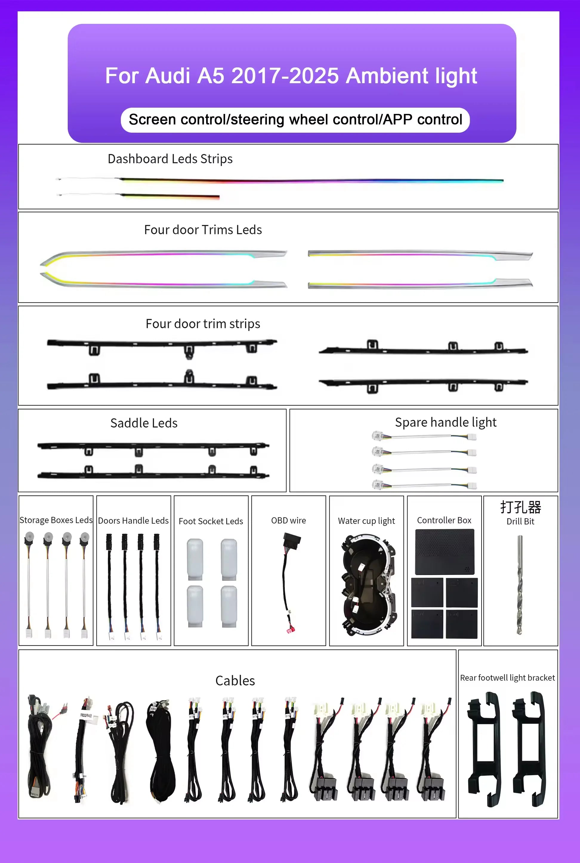Car LED Ambient Lighting For Audi A5/A4L 2017-2025 Models Interior 64-color Symphony Ambient Light Decorative Accessories