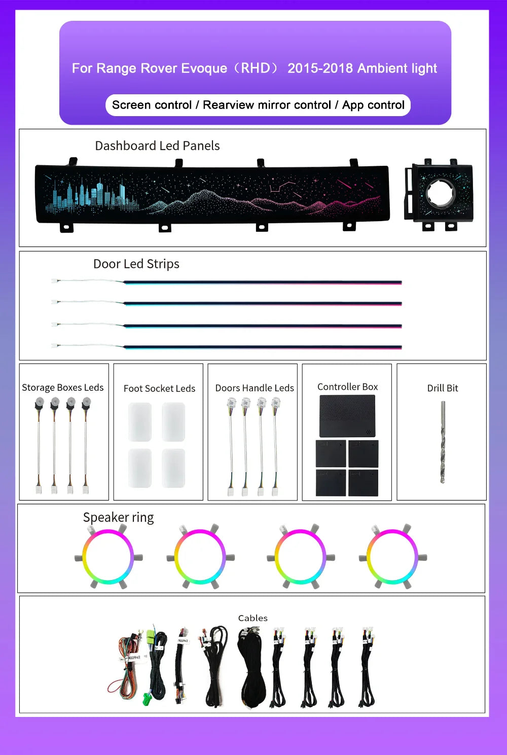 Car Interiors Ambient Lighting LHD/RHD For Land Rover Range Rover Evoque 2015-2018 64-Color LED Decorative Accessories