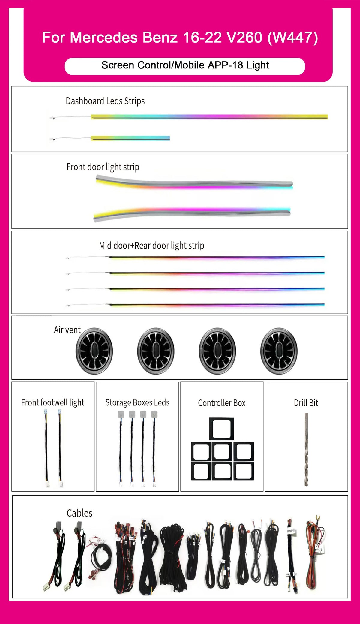 Car LED Ambient Light for Mercedes-Benz V Class V260 W447 2016-2022 Air Vents 64 Color Dynamic Symphony Interior Light Kit