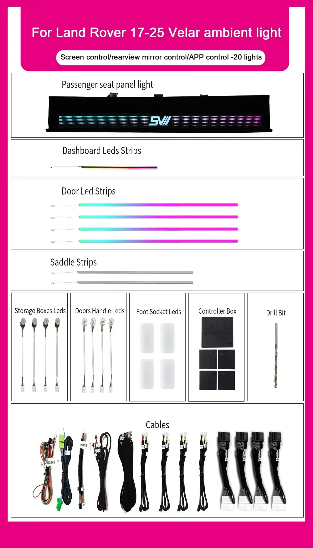 Car Interior Ambient Lighting Dynamic Symphony 64-color LED Auto Atmosphere Light Kit for Land Rover Velar 2017-2025