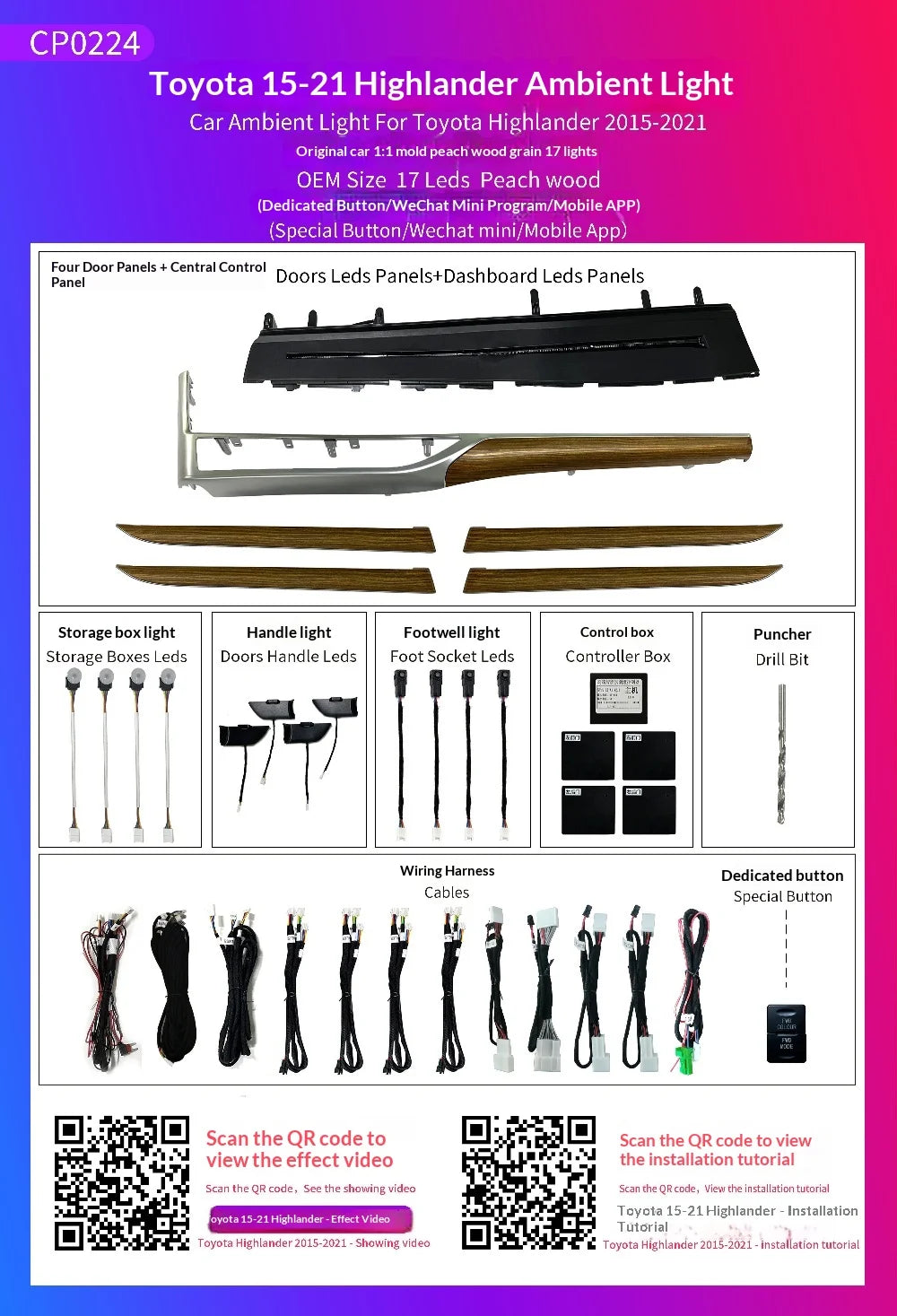 Upgrade 64-color Car Interior Ambient Lighting Kit for Toyota Highlander 2015-2021 Symphony Auto LED Lignts Trim Accessories