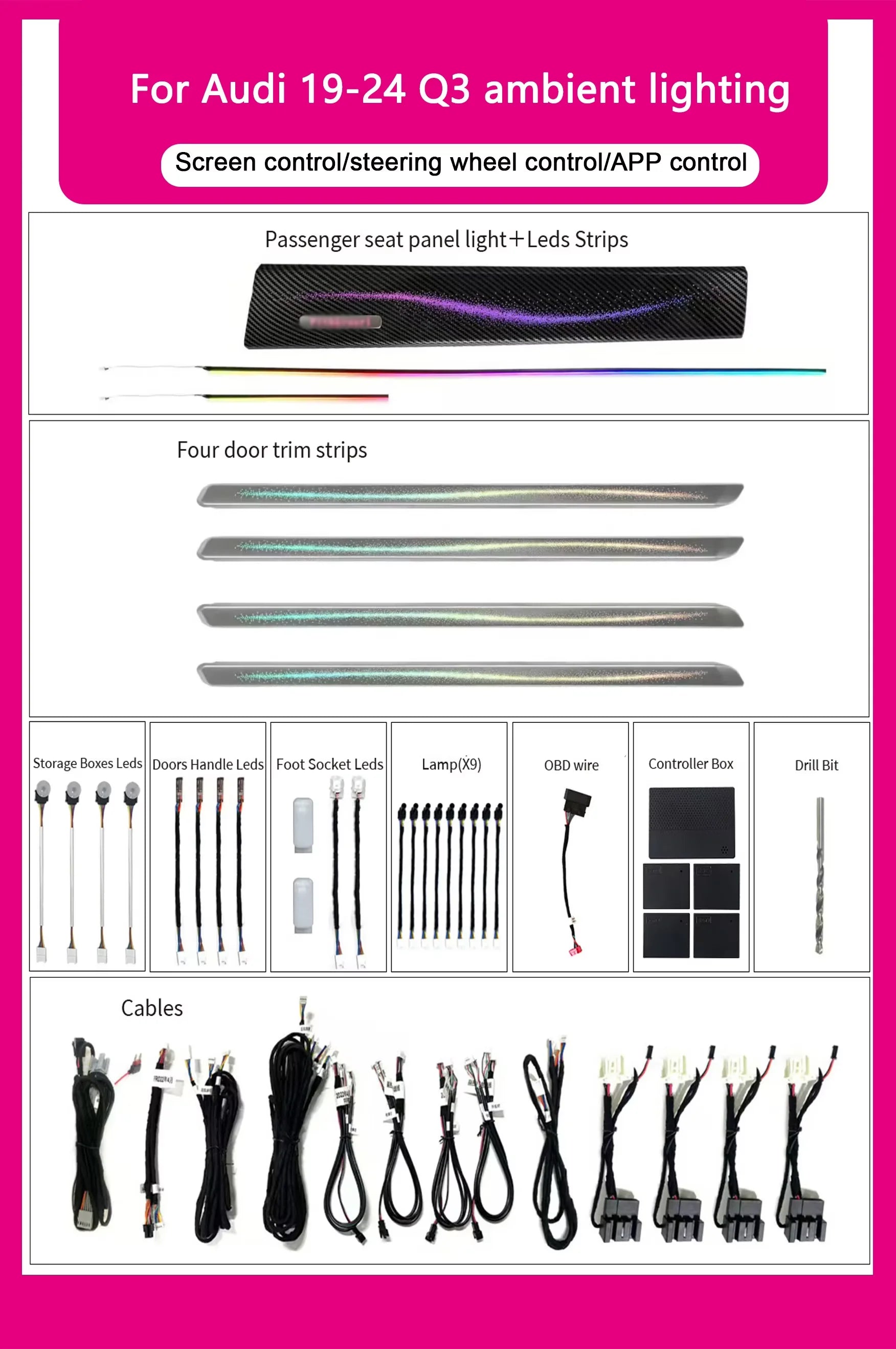 Upgraded Accessories LED Ambient Light 2019-2024 For Audi Q3 Interior Lighting Galaxy Ambient Light 64 Color Decorative Strip